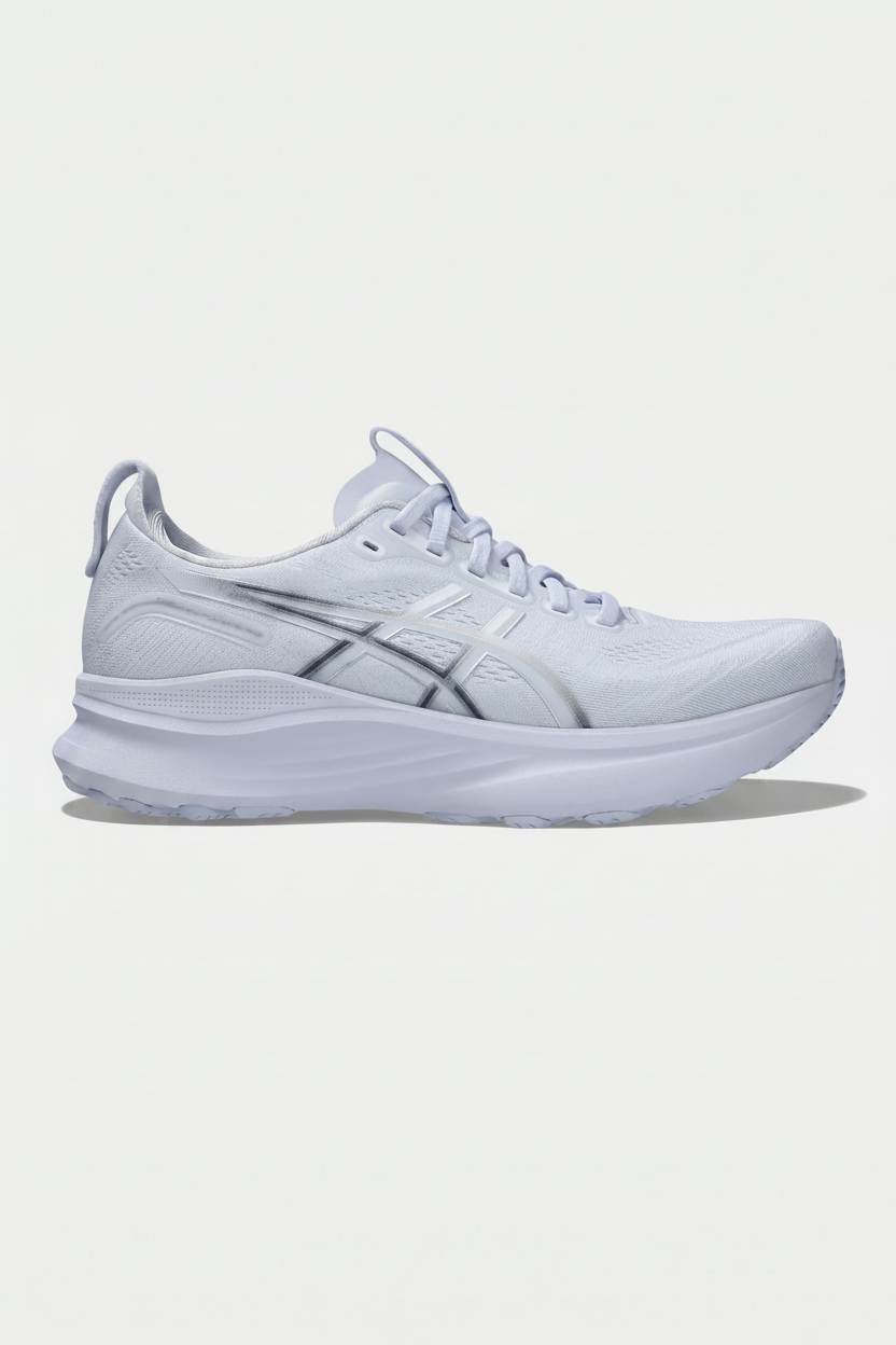 White running shoe with black accents on a light gray background