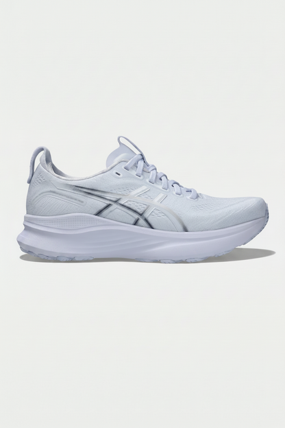 White running shoe with black accents on a light gray background