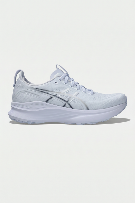 White running shoe with black accents on a light gray background